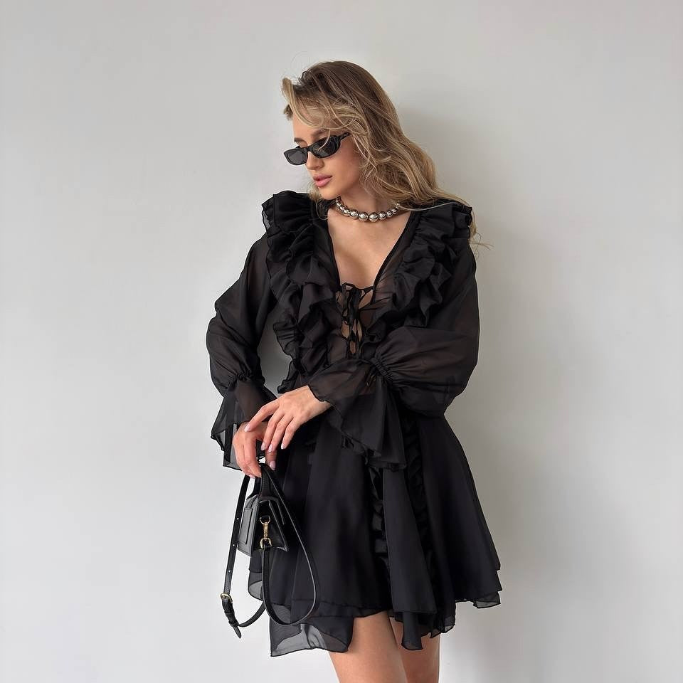 Damen Chiffon-Minikleid mit Volants, tiefem V-Ausschnitt und Ballonärmeln Echoarchiv