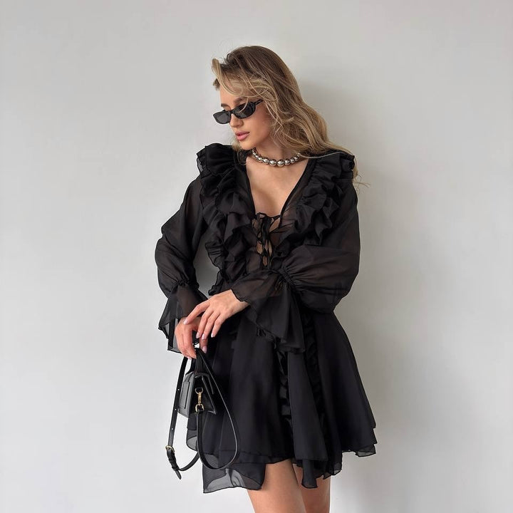 Damen Chiffon-Minikleid mit Volants, tiefem V-Ausschnitt und Ballonärmeln Echoarchiv