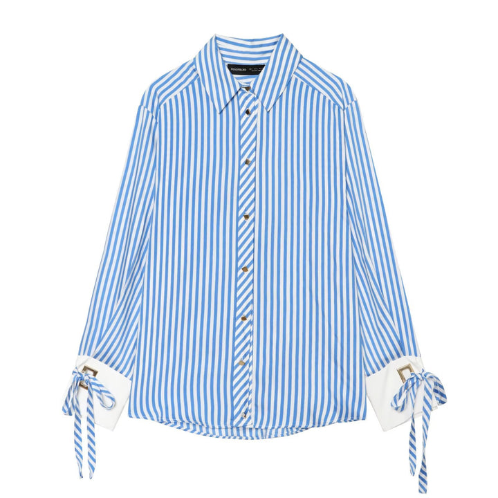 Damen Oversize-Bluse mit Streifen, abgesetzten Manschetten, Schleifendetail und Zierknöpfen Echo Archiv
