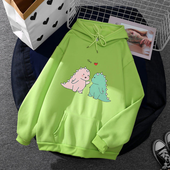 Damen Kapuzenpullover mit niedlicher Dinosaurierpärchen‑Illustration, Oversize‑Schnitt und Kängurutasche – Auréline