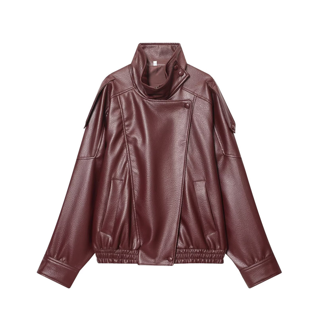 Damen Kunstleder-Bomberjacke mit hohem Stehkragen, asymmetrischer Druckknopfleiste und elastischem Saum – Avenza