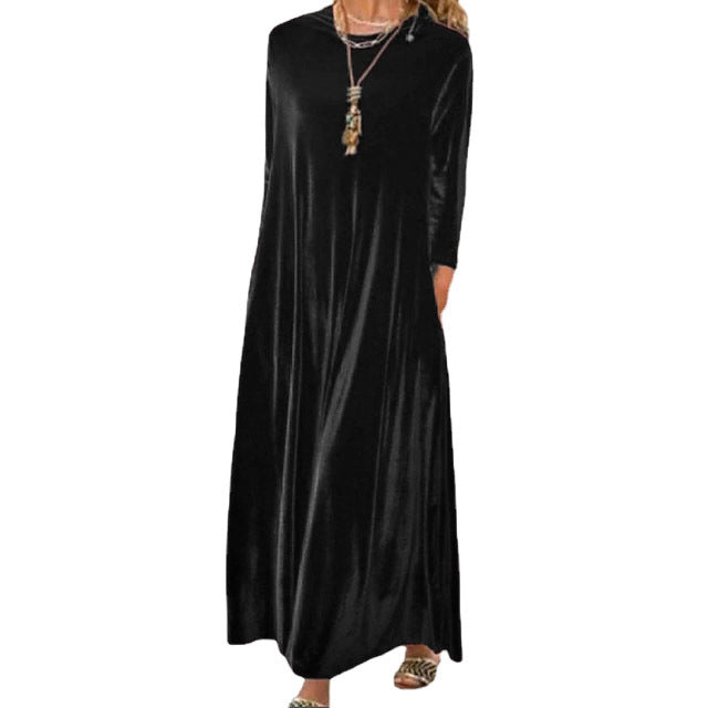 Damen Langes samtiges Maxikleid mit Rundhalsausschnitt, halblangen Ärmeln und seitlichen Taschen – Valéora