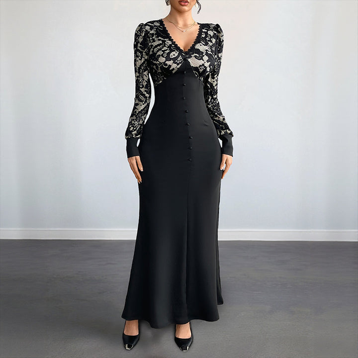 Damen Figurbetontes Maxikleid mit Spitzenoberteil, V‑Ausschnitt und Zierknopfleiste Echoarchiv