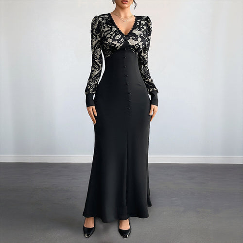 Damen Figurbetontes Maxikleid mit Spitzenoberteil, V‑Ausschnitt und Zierknopfleiste Echoarchiv