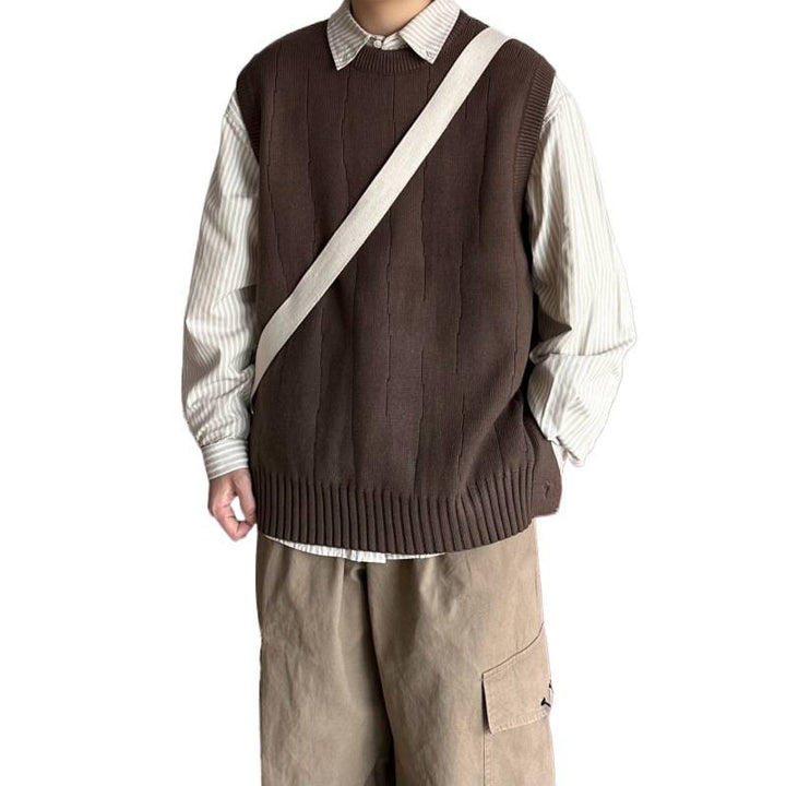 Herren Oversized Ärmellose Strickweste mit geripptem Saum und Rundhalsausschnitt Echoarchiv