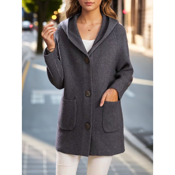 Damen nan lange gerippte Kapuzen-Strickjacke mit aufgesetzten Taschen und markanten Knöpfen Echo Archiv
