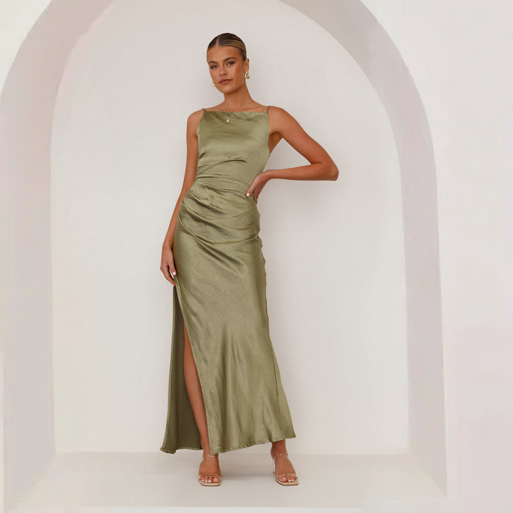 Damen schickes Maxikleid mit elegantem Schlitz und luxuriösem Satin-Finish Echoarchiv