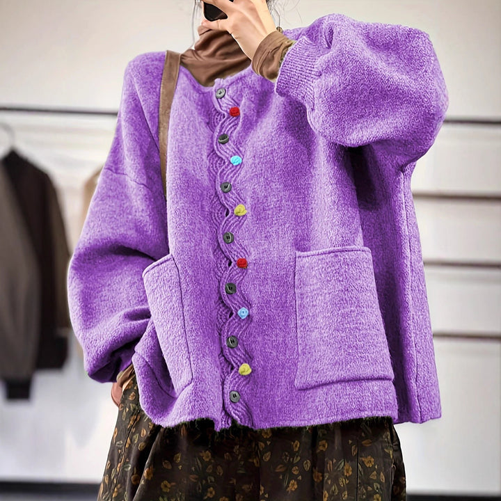 Damen Oversized Strickcardigan mit Zierknopfleiste und aufgesetzten Taschen – Veloura