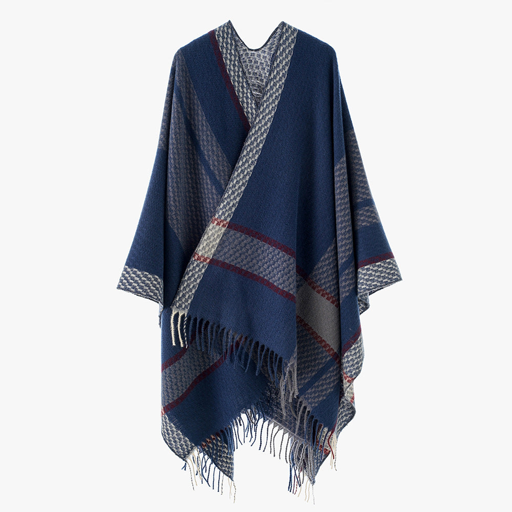 Damen Oversize Capeponcho aus Wollmix mit Karomuster und Fransensaum – Avérine