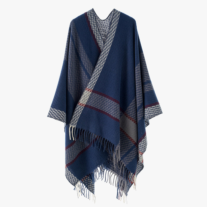 Damen Oversize Capeponcho aus Wollmix mit Karomuster und Fransensaum – Avérine