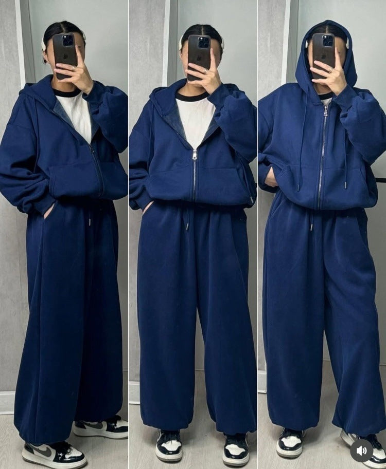 Damen übergroße Kapuzenjacke mit Reißverschluss und weite Jogginghose Lounge Set – Auréline