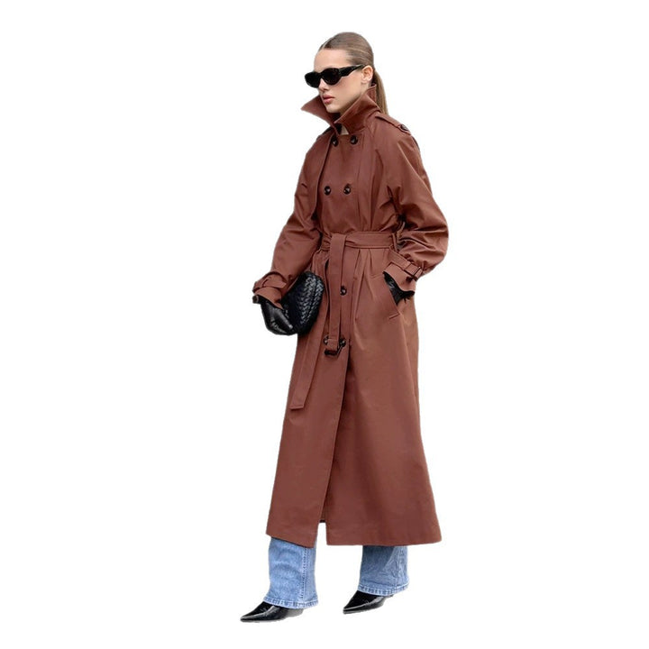 Damen Lang geschnittener wasserabweisender Trenchcoat mit hohem Stehkragen und Taillengürtel Echoarchiv