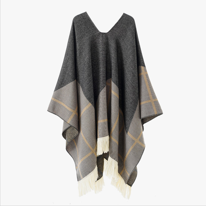 Damen Ornamentaler Jacquard‑Poncho mit V‑Ausschnitt und Fransensaum Echo Archiv
