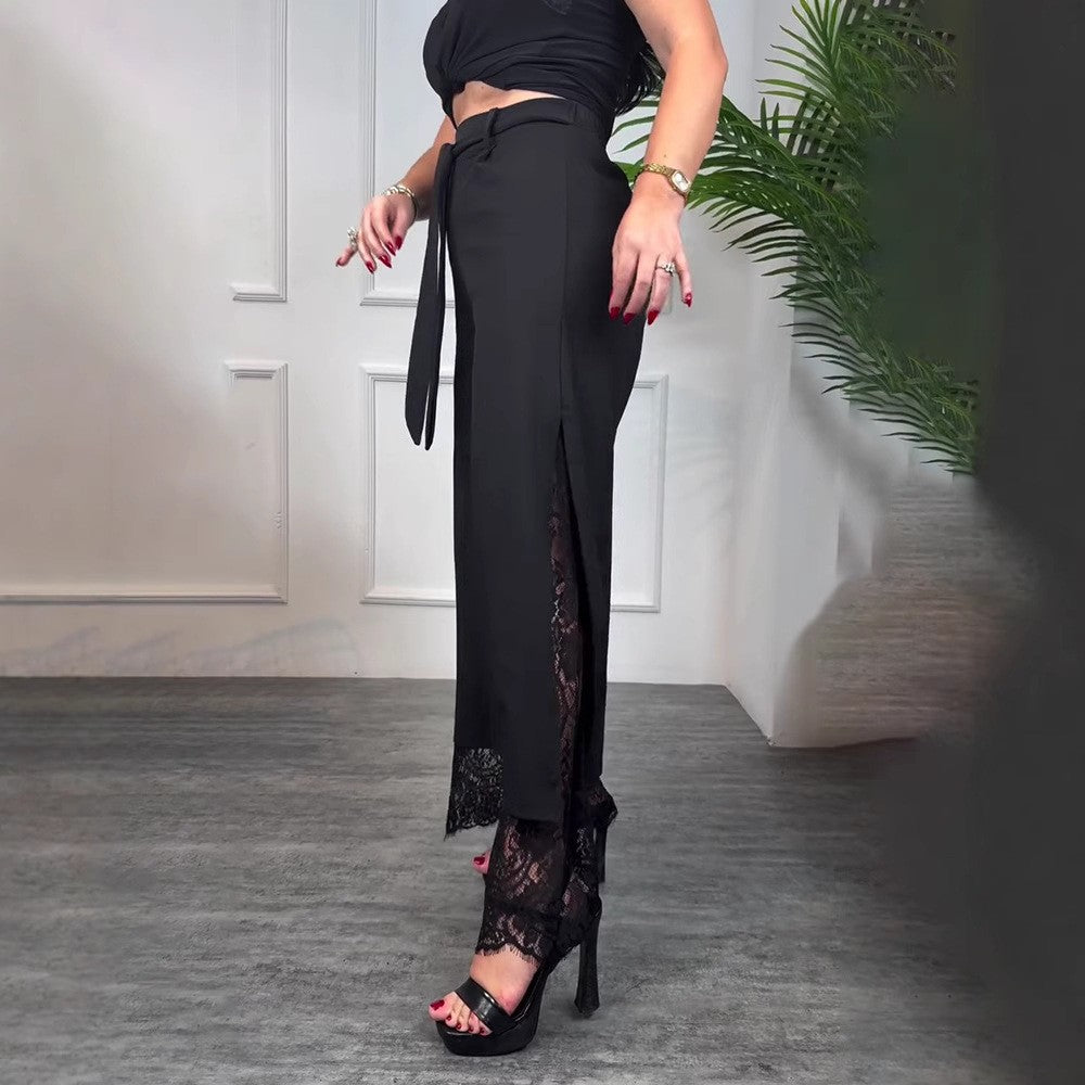 Damen nan taillierte hochgeschnittene Hose mit seitlichem Schlitz, transparenter Spitzen-Unterlage und Bindegürtel Echo Archiv