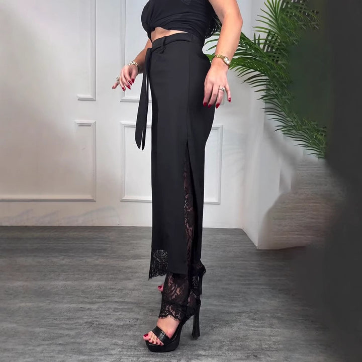 Damen nan taillierte hochgeschnittene Hose mit seitlichem Schlitz, transparenter Spitzen-Unterlage und Bindegürtel Echo Archiv