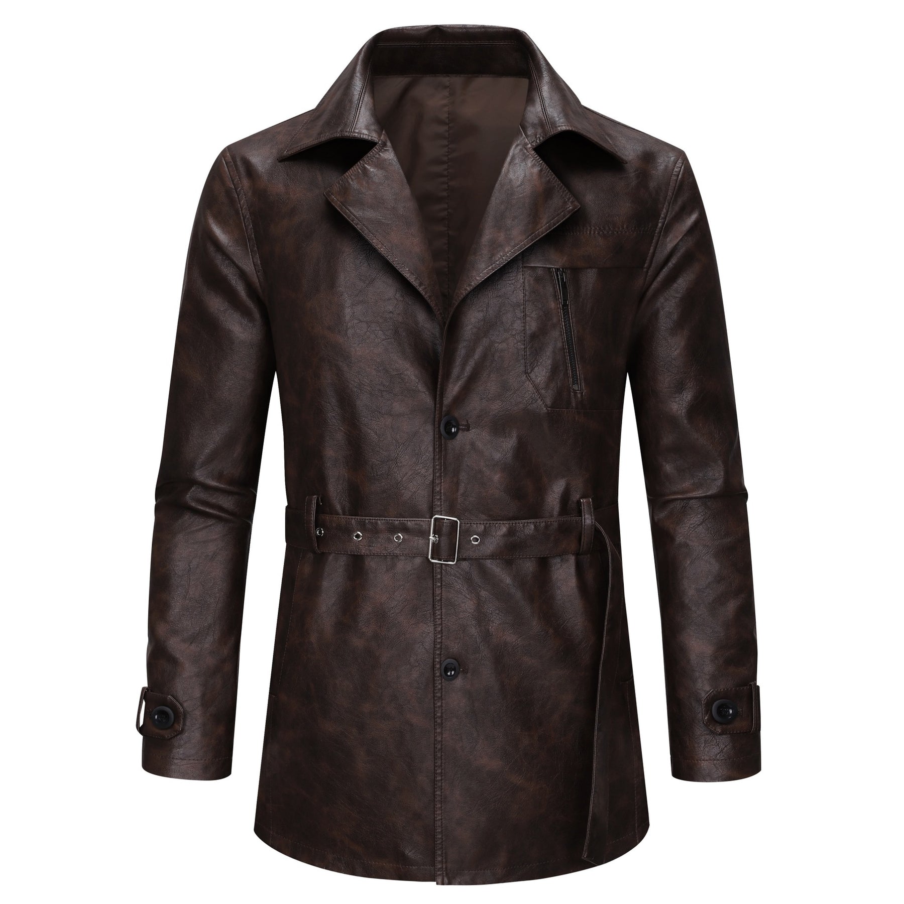 Herren modische Kunstlederjacke mit verstellbarem Gürtel und praktischen Taschen Echoarchiv