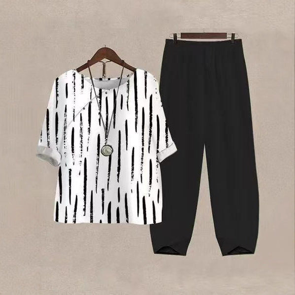 Damen nan legeres Freizeit-Set mit gemustertem Oversize-Shirt und konisch zulaufender Komforthose Echo Archiv