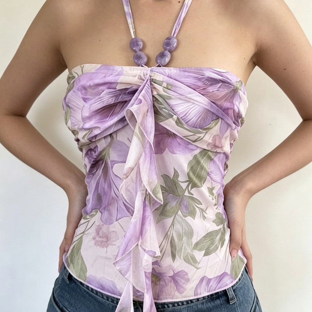 Damen Neckholder-Bluse mit floralem Design und raffiniertem Lockenabschluss Echo Archiv