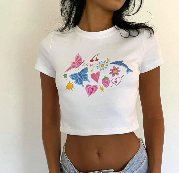 Damen cropped T-Shirt mit exklusivem Pferdemotiv und figurbetontem Schnitt Echo Archiv