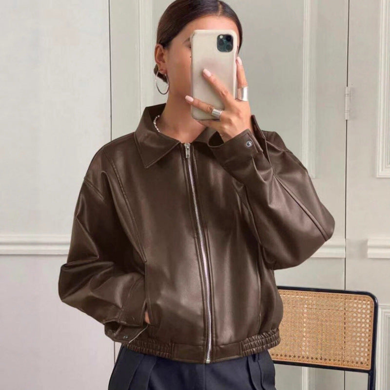 Damen Oversized Lederjacke im Bomberstil mit elastischem Saum Echo Archiv
