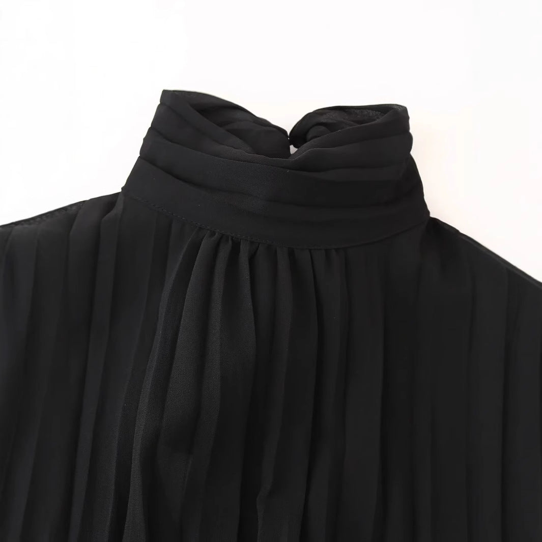 Damen Chiffon-Minikleid mit Schleifenkragen, plissierten Langärmeln und tailliertem Rock – Élara