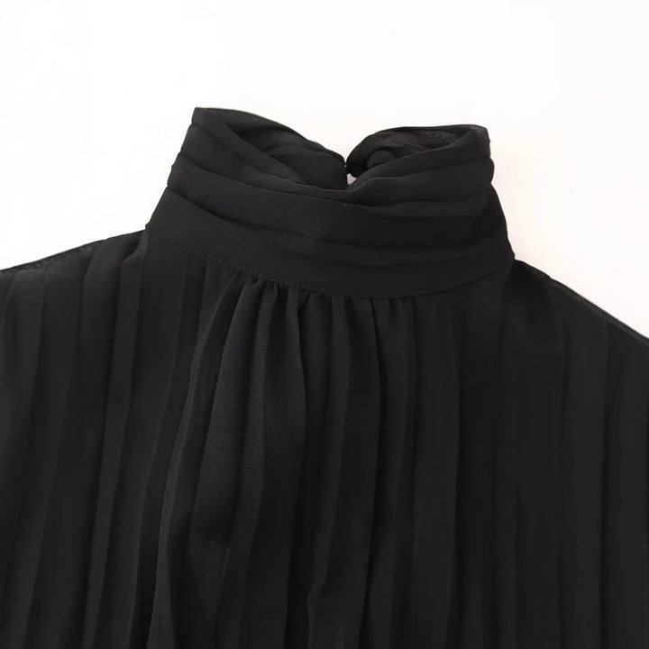 Damen Chiffon-Minikleid mit Schleifenkragen, plissierten Langärmeln und tailliertem Rock – Élara