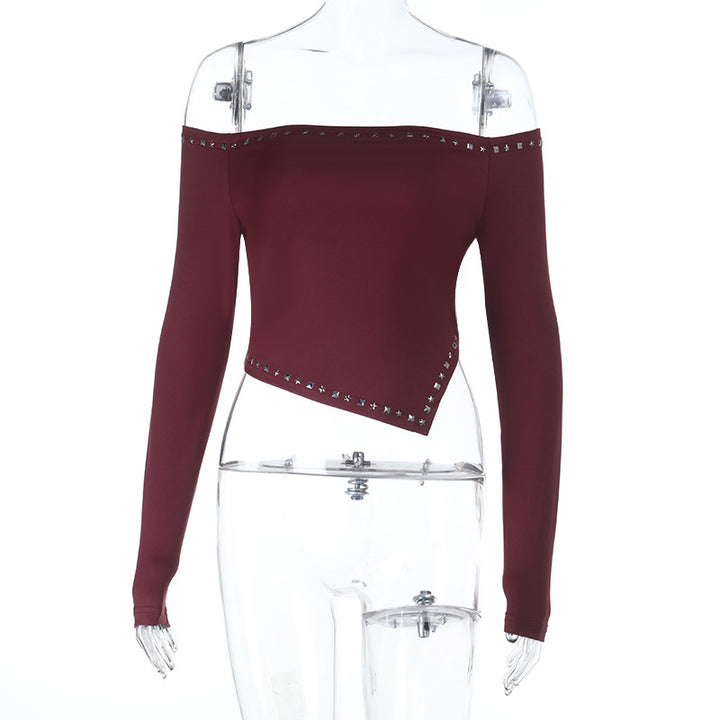 Damen Asymmetrisches Off-Shoulder-Crop-Top mit langen Ärmeln und Nietenbesatz – Avérine