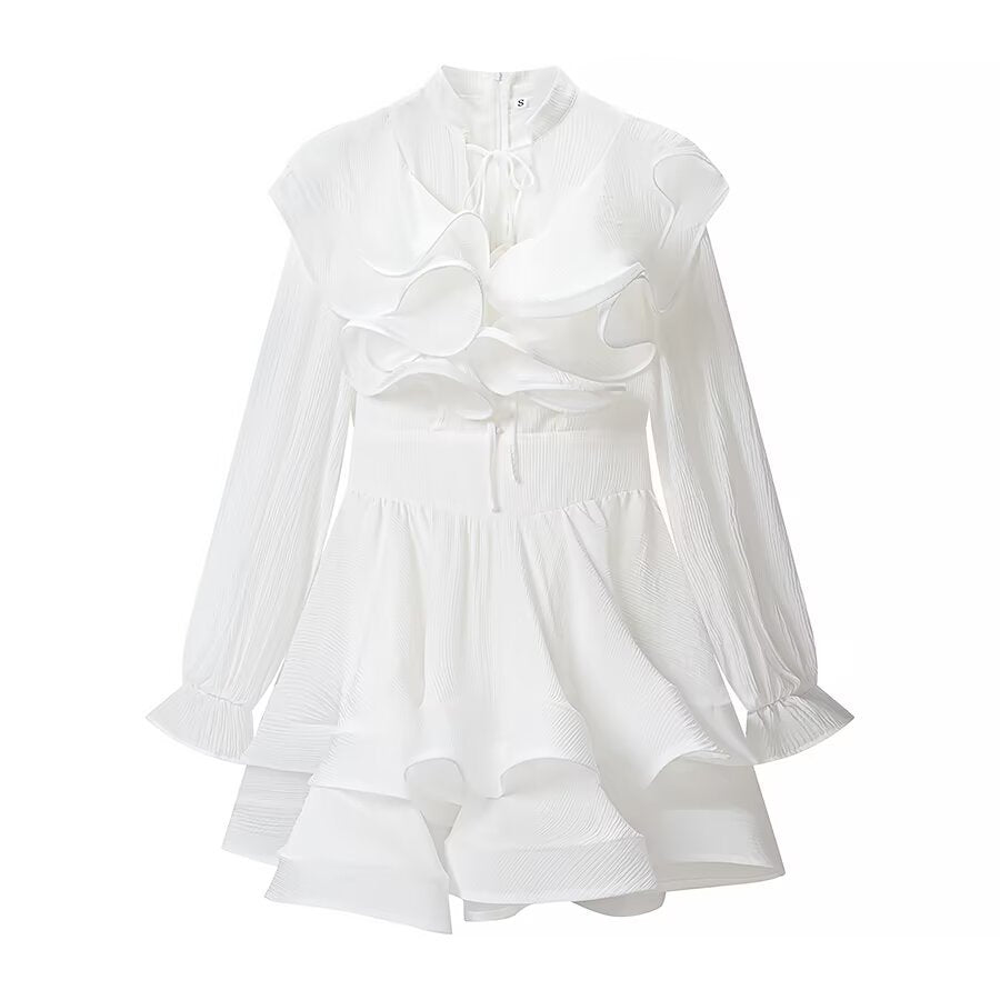 Damen Verspieltes Volant-Minikleid mit Rüschenkragen, plissierten Ärmeln und taillierter Silhouette Echo Archiv