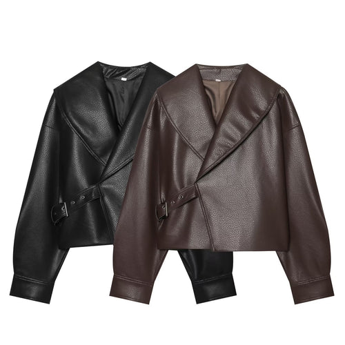 Damen Cropped Lederoptik-Blouson mit übergroßem Schalkragen und asymmetrischem Taillengürtel Echo Archiv