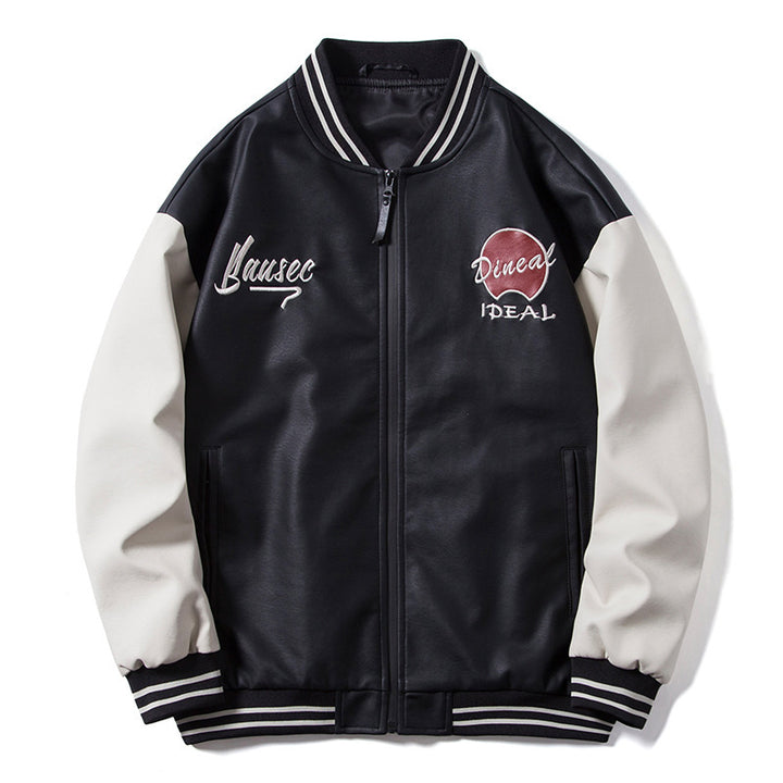 Herren Retro-College-Bomberjacke aus Kunstleder mit gestickten Logos und Rippsaum Echo Archiv