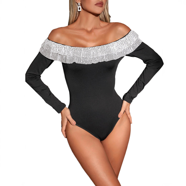 Damen Schulterfreier Bodysuit mit Pailletten-Volant und Langarm Echoarchiv