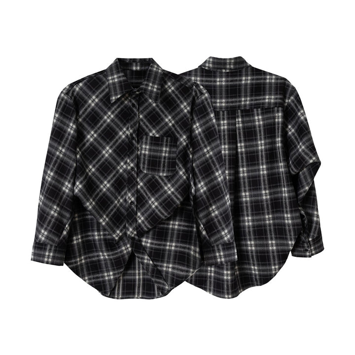Unisex Karierte Oversize‑Flanell‑Hemdjacke im Layering‑Look mit abgerundetem Saum und Brusttasche Echoarchiv