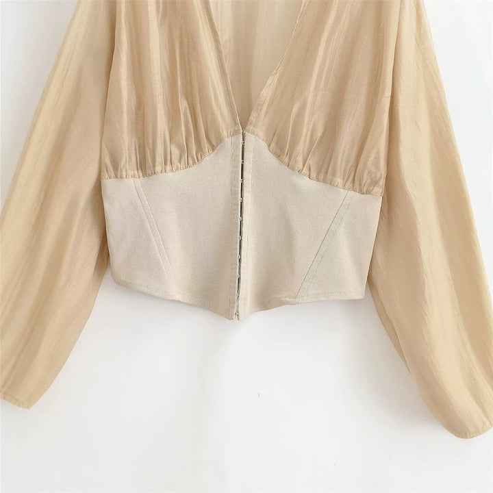 Damen Cropped Chiffon-Bluse mit tiefem V-Ausschnitt und tailliertem Korsettbund Echo Archiv