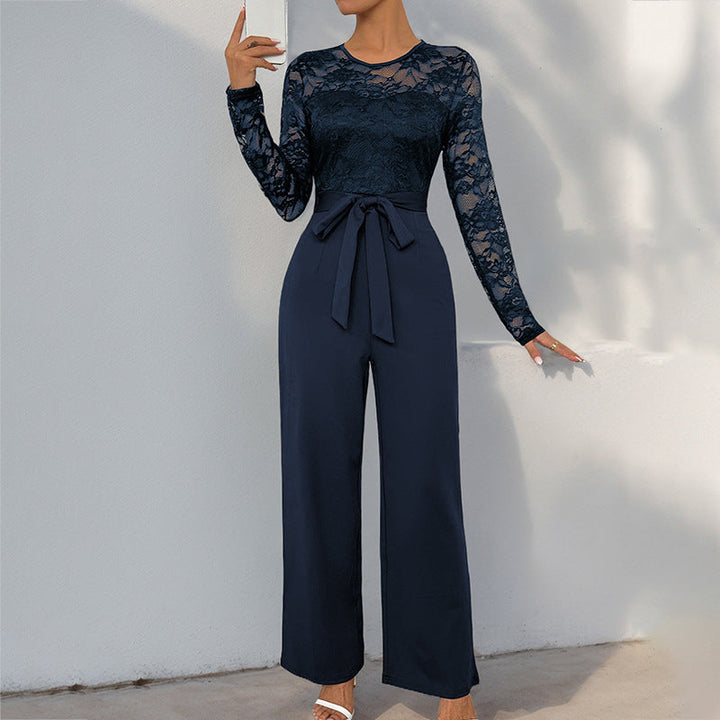 Damen Eleganter Jumpsuit mit Spitzenoberteil und tailliertem Bund – Solévia