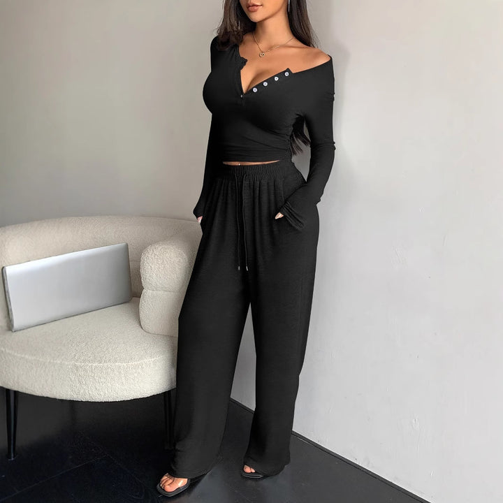 Damen Casual Rippstrick Lounge-Set mit Off-Shoulder Henley-Oberteil und weit geschnittenen Jogginghosen – Élanora