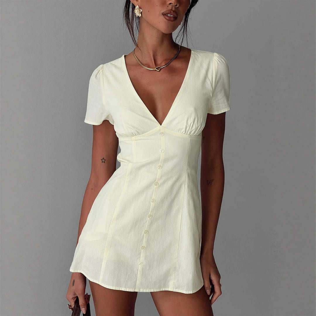 Damen Kurzärmeliges Kleid mit V-Ausschnitt und Knopfleiste Echo Archiv