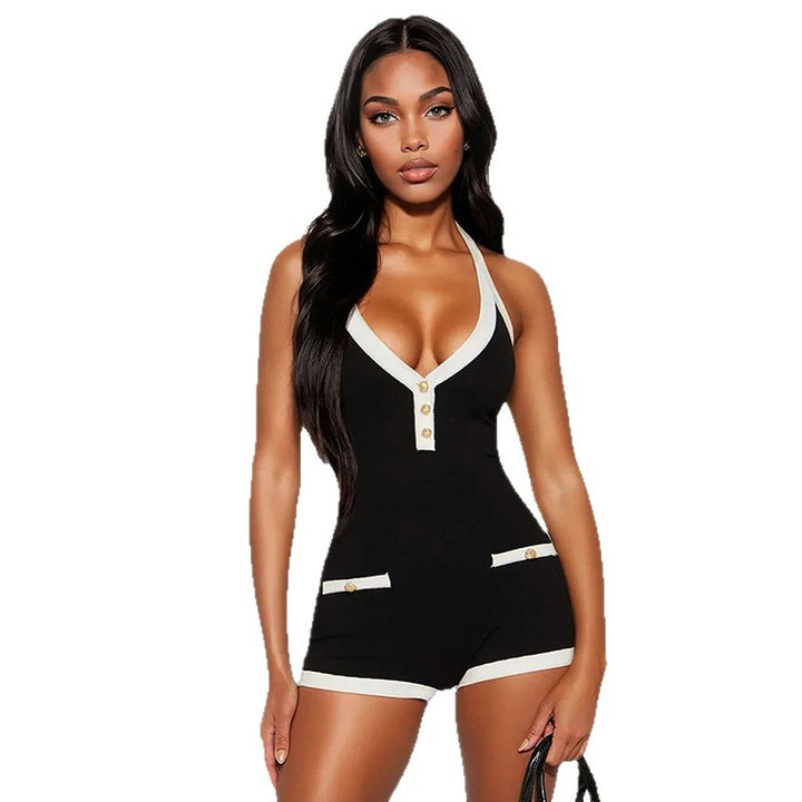 Damen Playsuit mit tiefem V-Ausschnitt und dekorativen Knopfdetails Echo Archiv