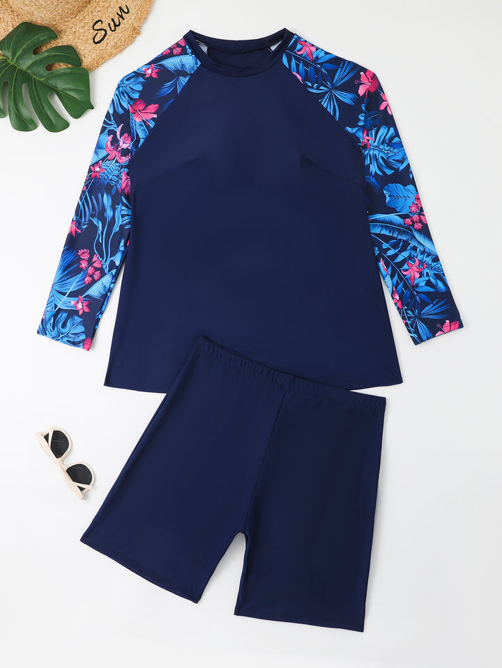 Damen UV-Schutz Surfanzug Set mit langen Ärmeln und farbenfrohem Blattmuster Echo Archiv
