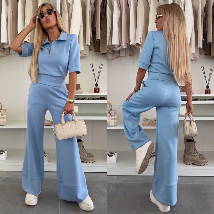 Damen Elegantes Scuba-Loungewear-Set mit Polokragen und taillenhoher Palazzo-Hose – Élanora
