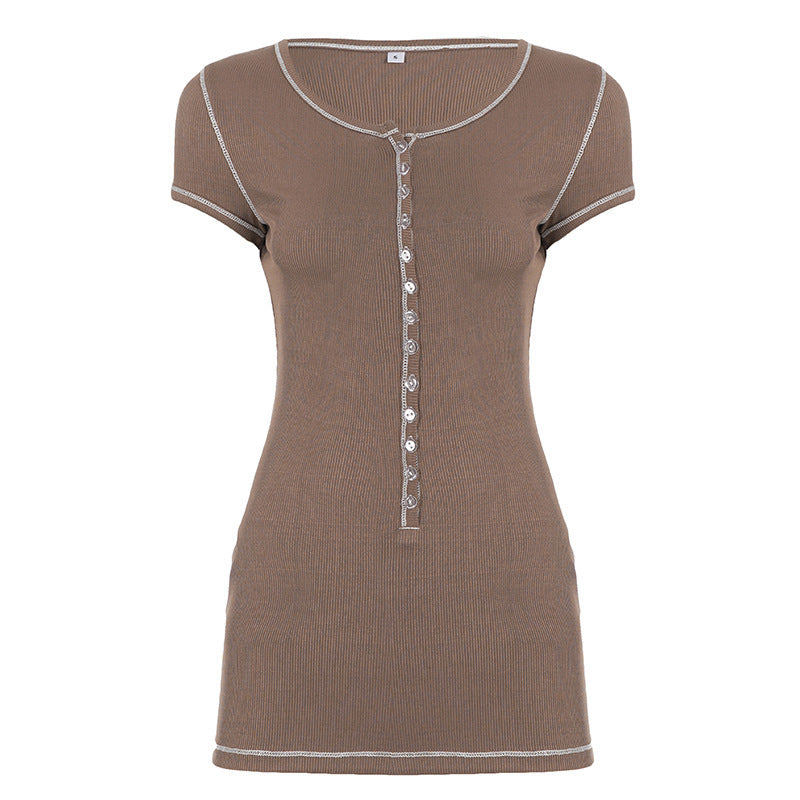 Damen figurbetontes Kurzarmshirt mit Knopfleiste und eleganter Rippstruktur Echo Archiv