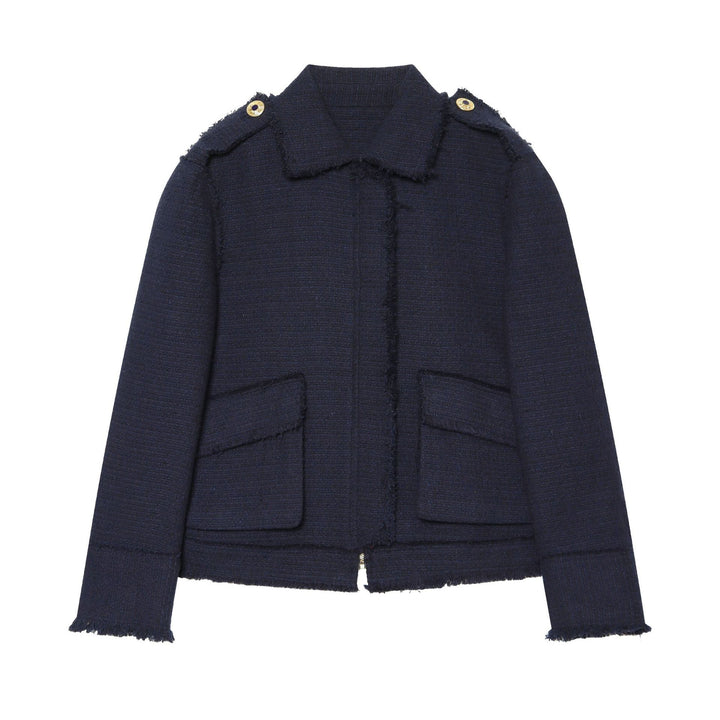 Damen Bouclé‑Tweed Kurzblouson mit Fransen‑Detail, Pattentaschen und Schulterpatten Echo Archiv