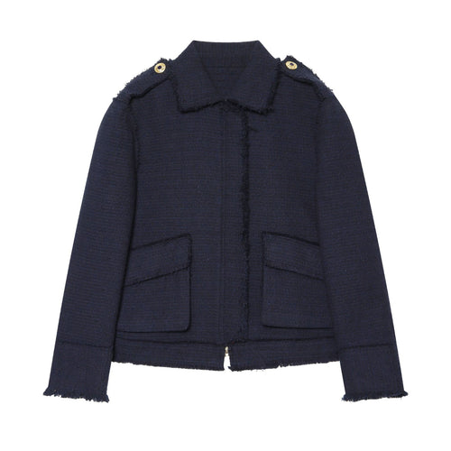 Damen Bouclé‑Tweed Kurzblouson mit Fransen‑Detail, Pattentaschen und Schulterpatten Echo Archiv
