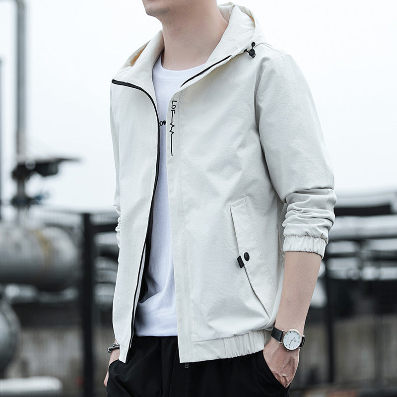 Herren Leichter Kapuzen-Windbreaker im Urban-Minimalstil mit verdecktem Reißverschluss und elastischen Bündchen Echoarchiv