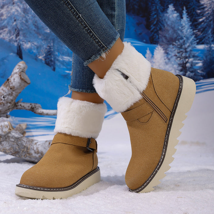 Damen Gefütterte Kurzstiefelette mit Kunstfellkragen, Velours‑Optik und Zierschnalle – Varelle