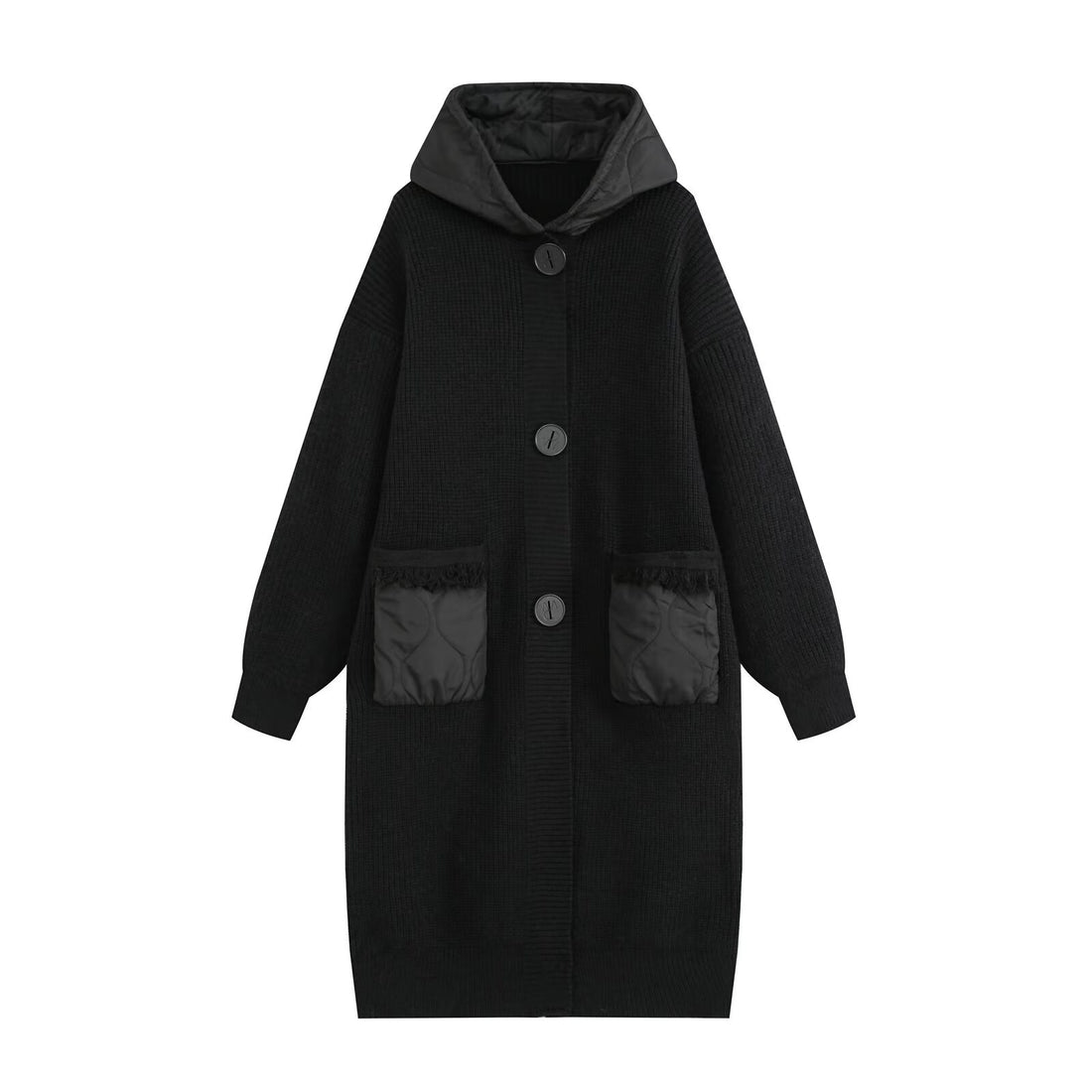 Damen Longline Grobstrickmantel mit gesteppter Kapuze und übergroßen Fronttaschen Echo Archiv