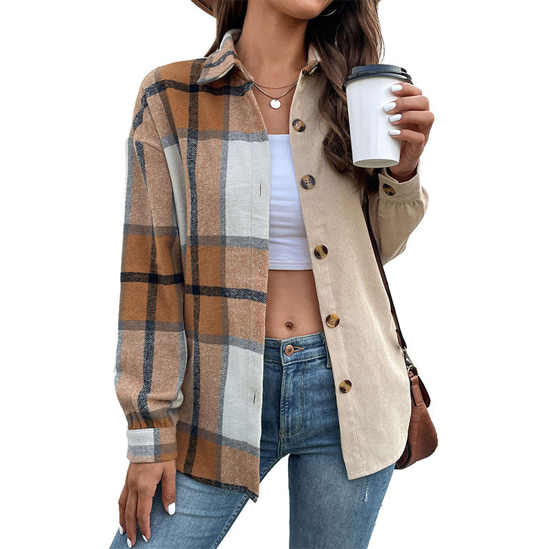 Damen Oversize‑Hemdjacke mit zweigeteilter Karo‑ und Uni‑Optik und Knopfleiste Echoarchiv
