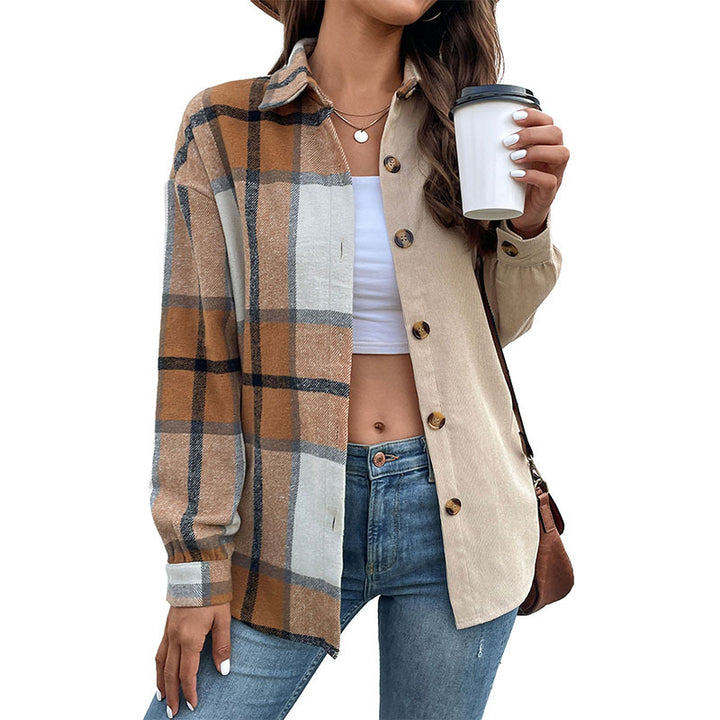 Damen Oversize‑Hemdjacke mit zweigeteilter Karo‑ und Uni‑Optik und Knopfleiste Echoarchiv