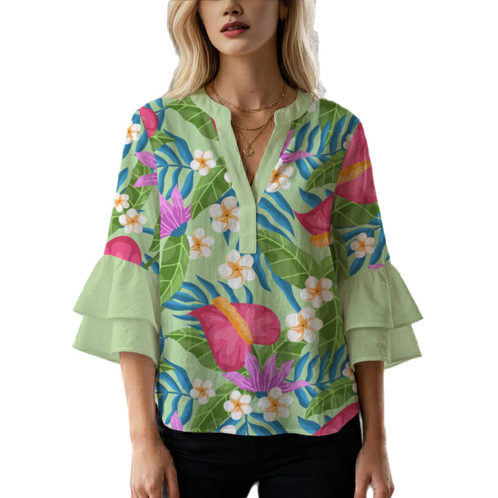 Damen elegantes Oberteil mit voluminösen Rüschensäumen und floralem Design Echo Archiv
