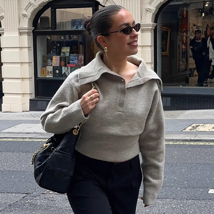 Damen Kurzgeschnittener Feinstrickpullover mit Polokragen und breitem Rippbund Echo Archiv