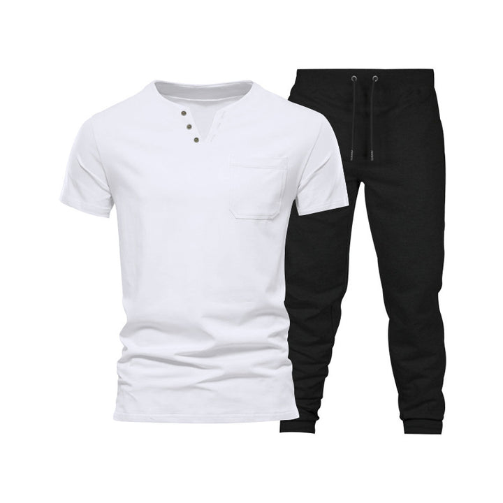 Herren lässiges Kurzarm-Henley-Set mit praktischer Brusttasche und bequemen Jogginghosen Echoarchiv